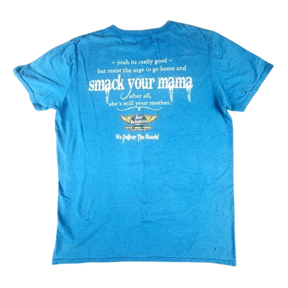 Gildan Shirt Medium Blue Joe Schmo's Pizza Smack Your Mama Graphic Tee Flaws